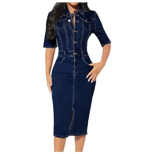 XUSAI dark blue, m, abiti in denim aderenti sexy da donna, manica a 1/2, elasticizzati, attillati, midi, con spacchi, in jeans