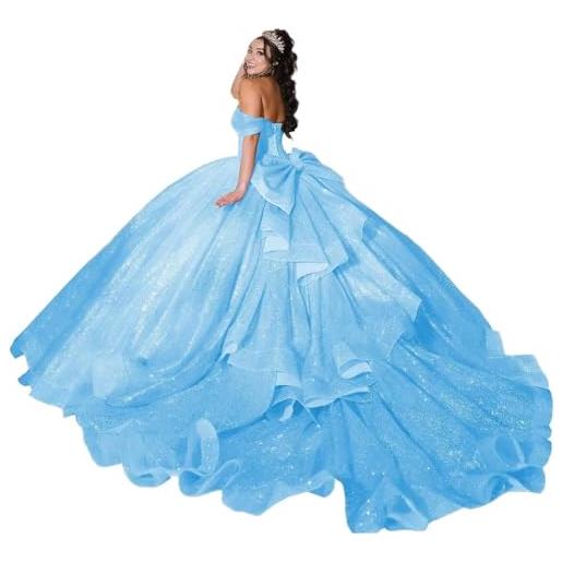 Yifanier abiti quinceanera in tulle scintillante con fiocco e spalle scoperte abiti quinceanera in tulle abiti da 16 dolci con strascico mt013