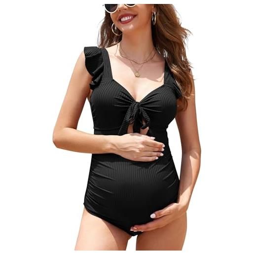 SHEKINI costume da bagno intero premaman twist front a costine costume da bagno gravidanza ritaglio increspato costume da bagno increspato nodo cravatta, nero , l