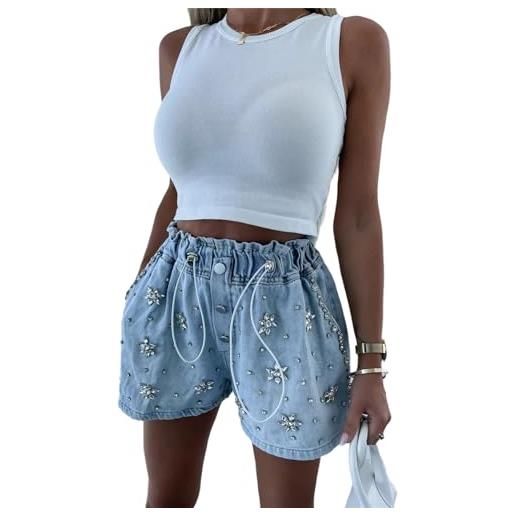 EGSDMNVSQ pantaloncini di jeans donna jeans estivi pantaloni larghi pantaloni corti pantaloncini a vita alta con strass coulisse pantaloni caldi elastici pantaloncini jeans casual