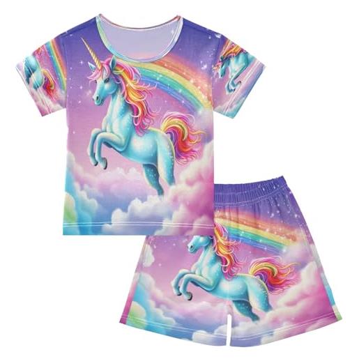 Mnsruu pigiama estivo per bambini con unicorno arcobaleno glitterato per bambini a maniche corte in cotone per ragazzi e ragazze, multicolore, 5 anni