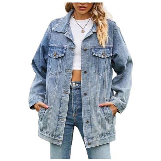 Vanchenl giacca casual da donna, in denim, oversize, con bottoni, con colletto largo, a maniche lunghe, lunghezza media, azzurro, xl