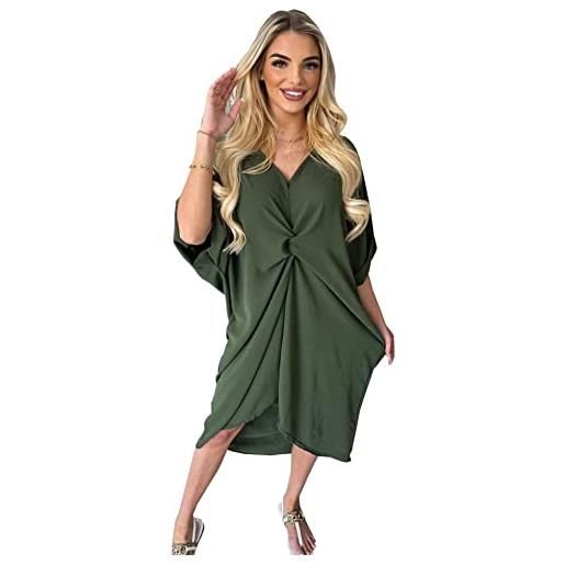 A2ZUKFASHION vestito estivo da donna, oversize, nodo frontale, maniche a pipistrello, scollo a v, taglie dalla 40 alla 54, cachi, 40-56