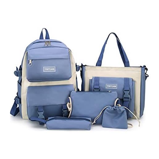 Ergocar moda impermeabile 5 in 1 zaino scuola elementare bambina con borsa tote, astuccio, portamonete, borsa da scuola set, zainetto studenti adolescente, zaino pc portatile 14-in, blu