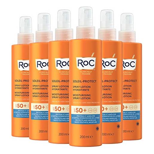 RoC - soleil-protect lozione spray idratante spf 50+ - protezione solare ad ampio spettro per il corpo - non grassa e resistente all'acqua - elevata protezione uva/b - adatta alla pelle - 6 x 200 ml