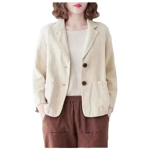 Goolecrimp giacca donna in cotone e lino blazer primavera e estate sciolto casual monocolore risvolto maniche lunghe fibbia sottile (beige, 3xl)