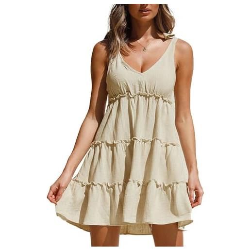 Generic estate casual scollo a v senza maniche mini abito indietro tinta unita vestito cravatta spalla increspatura swing a-line abito corto, flesh, xl