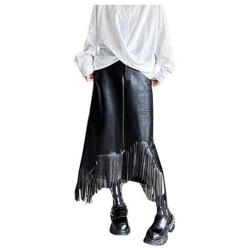 KWISUAWHGA gonna lunga midi nera asimmetrica da donna in similpelle con orlo a frange a vita alta gonne estive fluide, nero, s