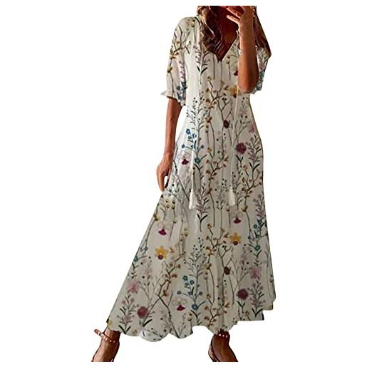 Generico vestiti estivi donna cotone - abito donna lungo elegante sexy scollo a v manica corta vestito elegante con volant orlo abito lungo maxi spiaggia vestito estivo casual