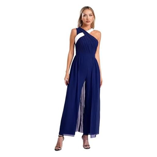 inlzdz tuta intera salopetta da donna elegante jumpsuit tuta da cerimonia cocktail overall monopezzi tutine pantaloni da palazzo a gamba larga in chiffon blu scuro s