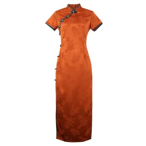 CAEITLRSO abito da donna cheongsam con stampa floreale tradizionale abito cinese con spacco laterale abito longuette slim fit colletto alla coreana cocktail aderente vintage qipao, arancio, l