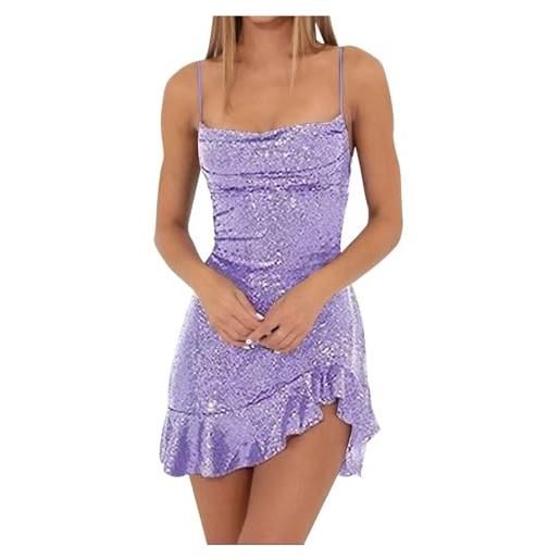 Generisch 2025 - abito da festa da donna con spalline e pizzo, glitterato, scollatura sulla schiena, con bordo a foglia, senza maniche, abito da sera corto elegante, lilla, l