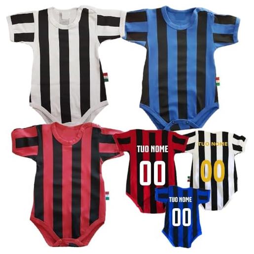 PELUSCIAMO body calcio bianco nero rosso nero nero azzurro | baby tifosi juventini interisti milanisti | personalizzabile con nome e numero | ps 32764-mix2