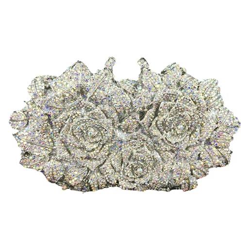 Boutique De FGG bling fiore di cristallo sera borse per le donne formale matrimonio festa cocktail pochette borsa borsa, argento (argento ab. ), medium