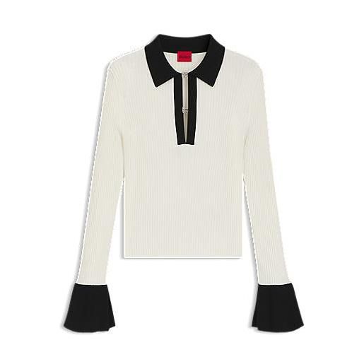 HUGO polo in maglia con chiusura con logo scomposto, bianco / nero