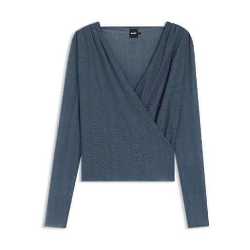 BOSS blusa in tulle plissé con parte anteriore incrociata, blu