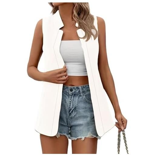YONGHONGKEJI smanicato donna blazer senza maniche da donna lunghezza media casual aperto davanti cardigan elegante estivo leggero da lavoro ufficio spolverino trench gilet blazer bianco xl