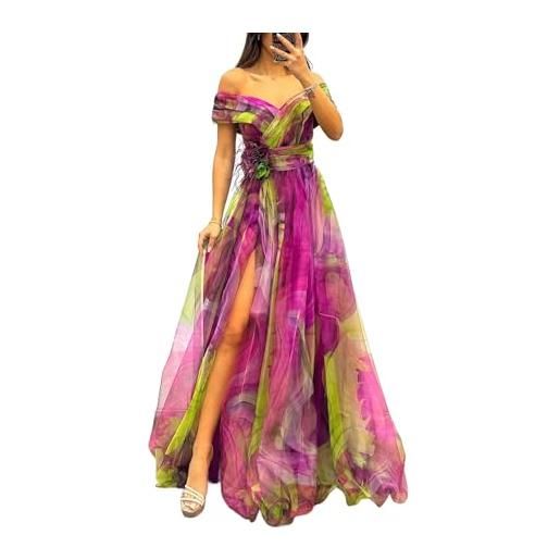 Generico abito lungo da donna in chiffon con piume e spalle scoperte spacco alto fiori 3d abito lungo da ballo