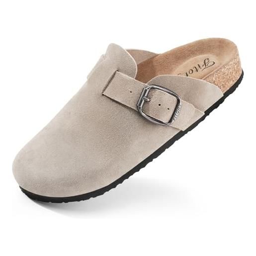 FITORY sabot donna slip-on in pelle con punta sandali ciabatte comodi in suede e sughero morbido, sabbia taglie 37
