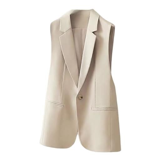 KYUERWK blazer donna elegante, gilet da donna senza maniche, blazer da ufficio, completamente foderato, con un bottone, giacca con tasche, revers a lancia, casual, formale, gilet estivo, soprabito beige s