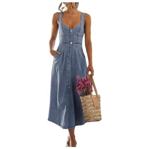 ebossy abito in denim elasticizzato con punto smock per le donne senza maniche babydoll button down midi abiti lunghi jean, azzurro chiaro, l
