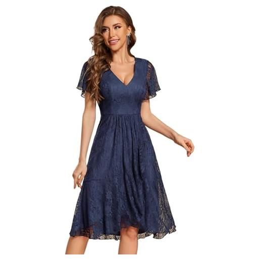 Ever-Pretty abito cerimonia donna elegante di pizzo con maniche corta vestito donna elegante scollo a v elasticità blu navy 44