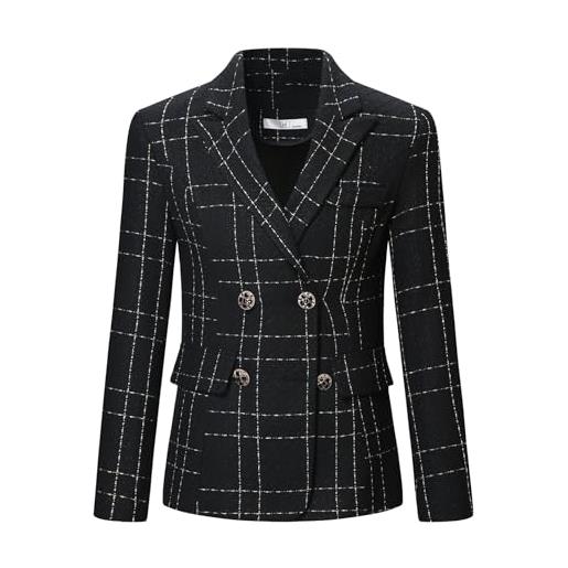 YYNUDA abito da donna blazer tweed elegante blazer giacca plaid casual a maniche lunghe da donna giacca per ufficio, bianco, l