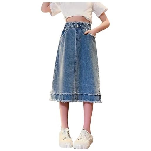 BILIKEYU gonna di jeans ragazze bambini confortevole e casual a vita alta gonna casual vintage elegante gonna lunga denim regali carini, blu, 10-11 anni