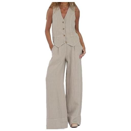 MASUCOR tailleur pantalone da donna elegante completo da lavoro set 2 pezzi slim fit blazer senza maniche gilet con scollo a v pantaloni completo per il tempo libero moda pantaloni lunghi cotone(white, m)