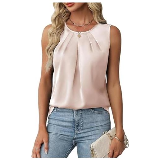 LCDIUDIU top donna sexy, canotta in raso da donna, beige bianco senza maniche scollo tondo plissettato bottoni posteriori pullover spalline estate casual vestibilità aderente quotidiano festa club c