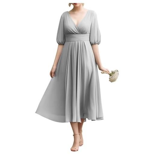 SAYNO abito da damigella d'onore in chiffon con maniche corte per donna, con tasche, lunghezza tea, abiti da cerimonia per ospite di matrimonio, argento, 50