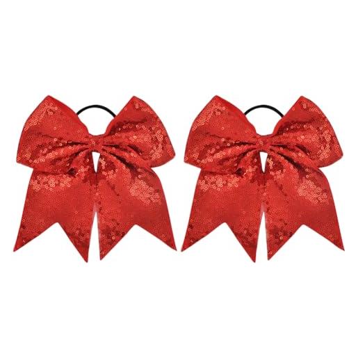 FSSTUD 2 fiocchi per capelli con paillettes grandi, 18 cm, con glitter, per cheerleader, coda di cavallo, elastici per capelli con fiocco scintillante, per ragazze e adolescenti, colore rosso