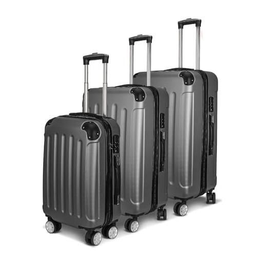 KeepGoon set di 3 valigie da viaggio, set di valigie con 4 ruote e lucchetto a combinazione, custodia rigida in abs, trolley con rotelle, manico telescopico s-m-l, grigio scuro, 77×49×28cm, omicidi