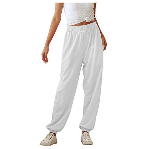 Greensen pantaloni da donna traspiranti in vita elastica pantaloni lunghi con fascia alla caviglia di colore puro pantaloni casual larghi pantaloni sportivi morbidi da tuta(xl-bianco)