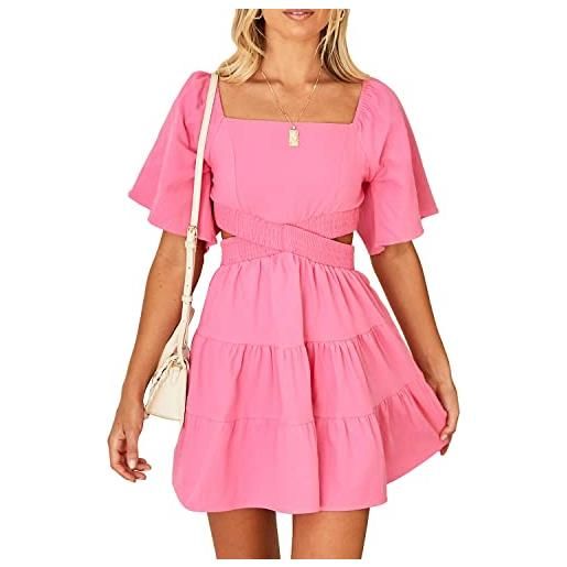 Shy Velvet abito estivo da donna con scollo quadrato maniche corte incrociate in vita casual partito mini abito, rosa, m