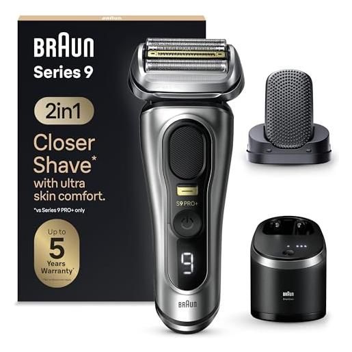 Braun series 9 pro +, rasoio elettrico barba, regolabarba uomo, rifinitore di precisione, custodia viaggio, lame flessibili, smart. Care, impermeabile, batteria litio ion, idea regalo, 9597cc argento