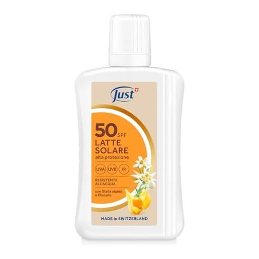 Just latte solare spf 50, alta protezione uva/uvb/ir, con stella alpina e physalis, resistente all'acqua, made in switzerland