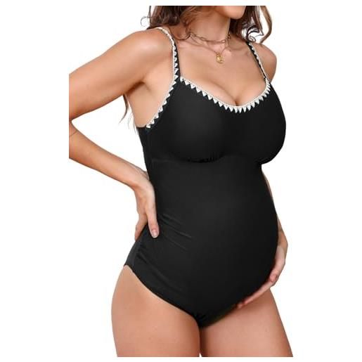 CUPSHE - costume da bagno intero da donna per gravidanza, con scollo a u, bordo uncinettato, dettagli ornamentali, blu ardesia, xl