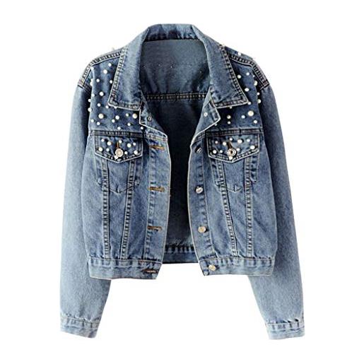Generisch 2025 cappotto outwear giacca di jeans borsa casual manica blu cappotto corto da donna con perle lunghe cappotto da donna azzurro, blu, l