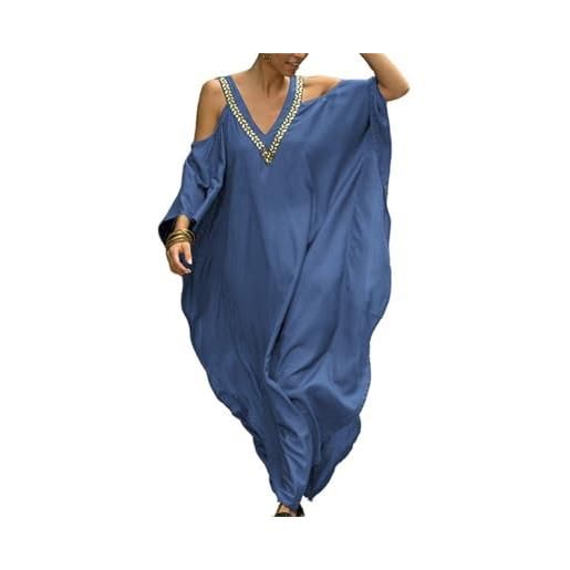 Generic caftani per le donne costume da bagno coprire spalle scoperte scollo a v spiaggia coprire leggero lungo coprire maxi abito loungewear, azzurro, taglia unica