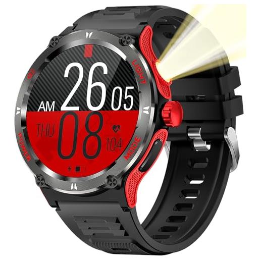 findtime smartwatch bussola, orologio militare, robusto smartwatch con torcia a led, funzione telefonica, frequenza cardiaca 24h, orologio fitness per android ios, colore: rosso, tattico