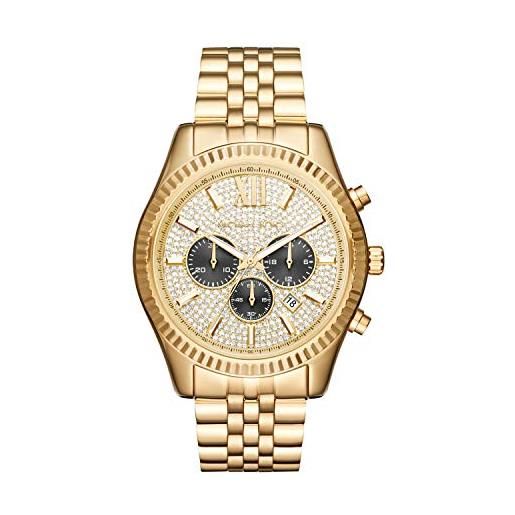 Michael Kors orologio lexington per uomo, movimento cronografo al quarzo da 44 mm con cinturino in acciaio inossidabile, 44 mm, tono oro con glitter