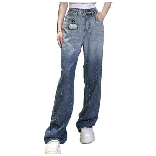 Generico jeans larghi dritti con strass casual da donna nuovi primaverili larghi pantaloni larghi vintage pantaloni larghi con paillettes lucide vita alta (blu, l)