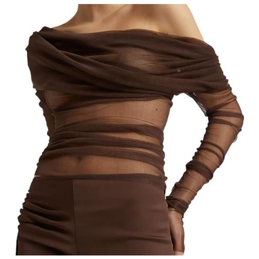 Generic top corto in rete trasparente con spalle scoperte maglietta da donna a maniche lunghe slim fit cover-up t-shirt (marrone, l)