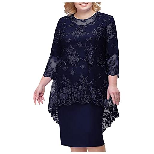 Generisch abito in pizzo a maniche lunghe, elegante ricamo in pizzo, abito da sera a mezza manica da donna, per il tempo libero, taglie forti, blu marino, xxl