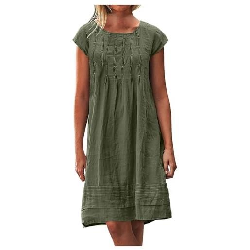 MXALUOB abito midi da donna in cotone e lino taglie forti con maniche ad aletta pieghettate abiti estivi per vacanze 2025 abito casual girocollo, abito#07-blu, 3xl