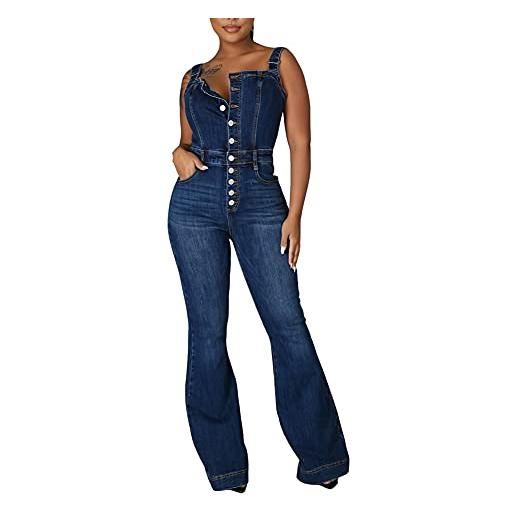 YAOTT denim salopette pantaloni donna sexy moda tuta jeans con bretelle estiva eleganti jumpsuit senza maniche casual pantaloni gamba larga denim pantaloni bavaglino monopezzi pantaloni siamesi larghi m