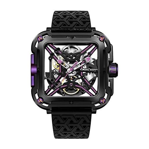CIGA Design orologio automatico uomo - x series suv orologio da polso meccanico con design scheletro, quadrato, vetro zaffiro con cinturino in nylon e silicone, cyber viola