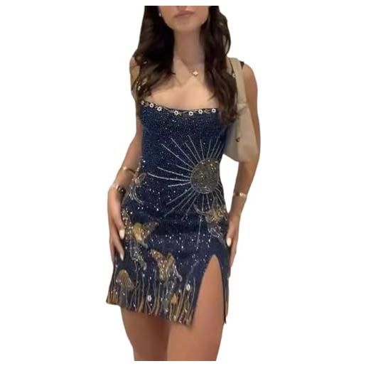 cffvdiz sexy halter corsetto mini dress estate senza maniche ricamato stampato split hem breve vestito delle donna, blu, s