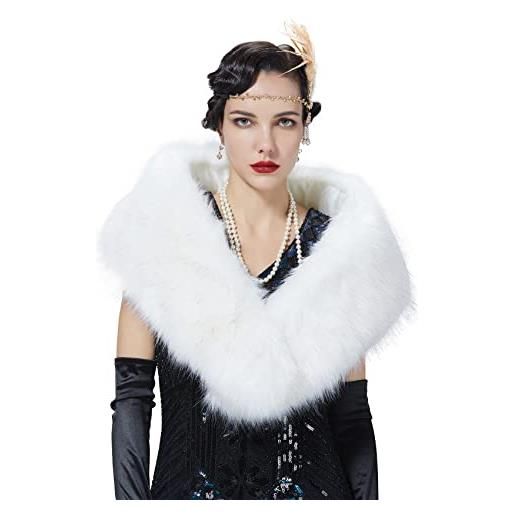 BEAUTELICATE donna scialle stola pelliccia sintetica sciarpa warp coprispalle in ecopelliccia scaldacollo per gatsby cerimonia feste inverno (bianco, normal size - 125cm)